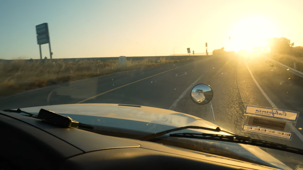 View through a truck windscreen.